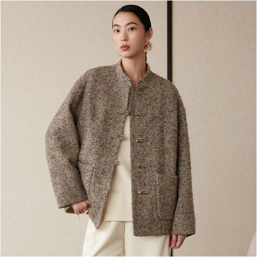 Ruyi Lianyun Maple Sleep Winter Clothing New Herringbone Pattern Stand up Collar Woolen Coat Women s New Chinese style Pan Button Short Coat image 1