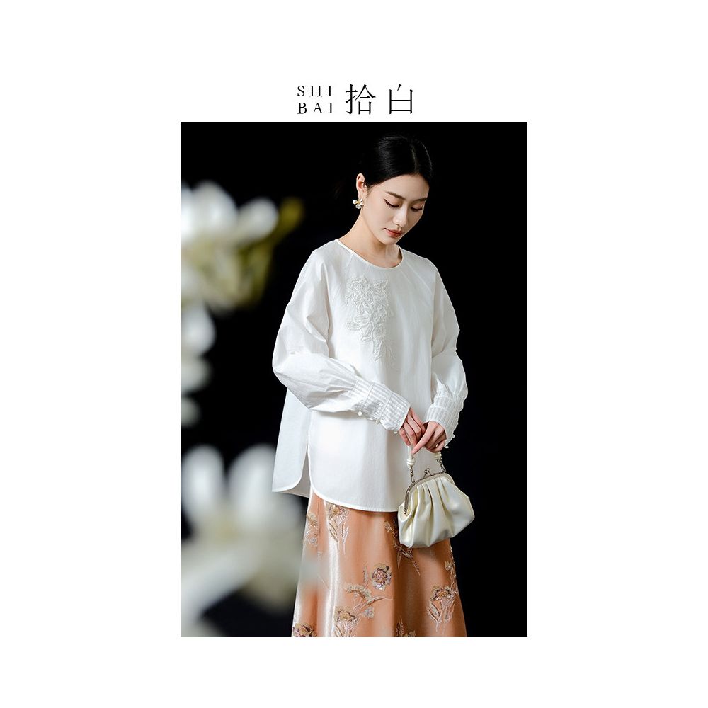 SHIBAI White Round Neck Loose Tencel Cotton Bead Embroidery Original New Chinese Long Sleeve Commuter Versatile White Top image 1