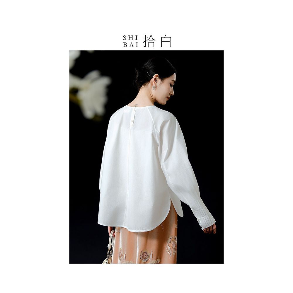 SHIBAI White Round Neck Loose Tencel Cotton Bead Embroidery Original New Chinese Long Sleeve Commuter Versatile White Top image 4
