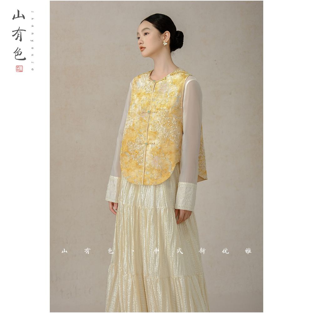 Mountain colored gold thread 2025 autumn women s new Chinese light style silk embroidery vest jacquard round neck shoulder image 1