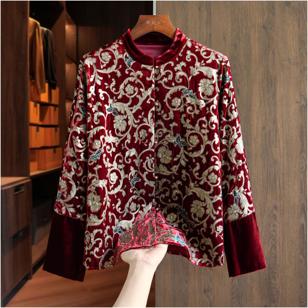 Original Design Light Luxury Jacquard Silk Velvet Coat Women s Long Sleeve Loose Chinese Style New Chinese Tang Style Pan Button Top image 1