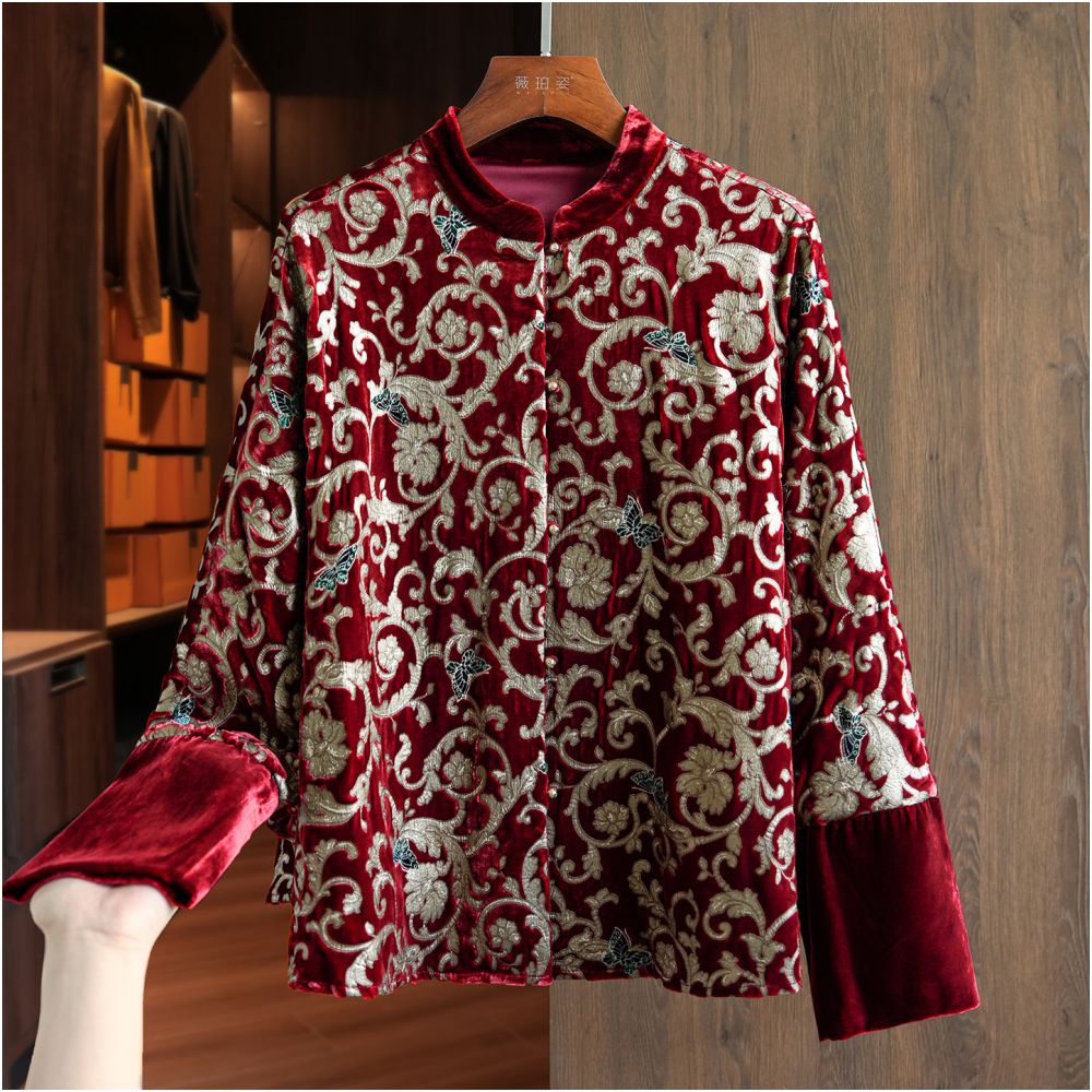 Original Design Light Luxury Jacquard Silk Velvet Coat Women s Long Sleeve Loose Chinese Style New Chinese Tang Style Pan Button Top image 2