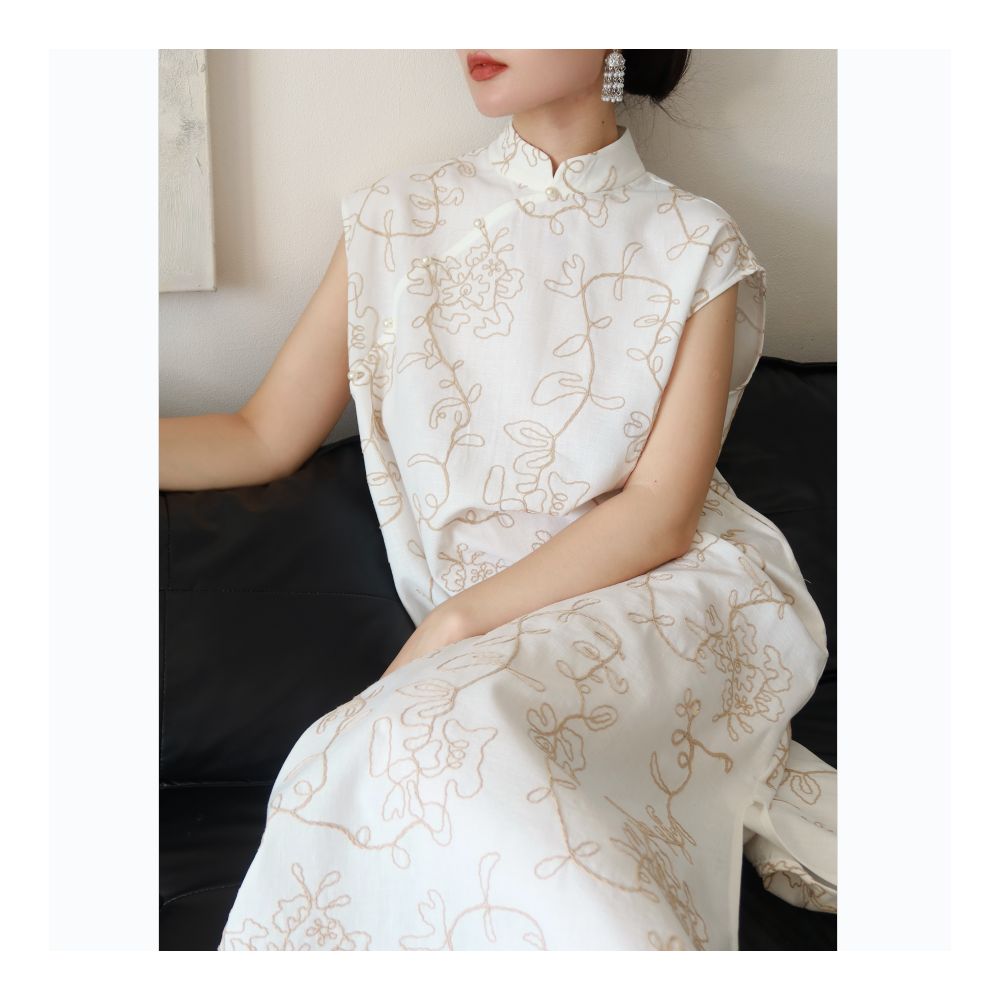 TAORAN Women s New Chinese style Improved Cheongsam Dress for Women Suitable for Daily Use Young Embroidered Skirt Medium length Skirt image 3