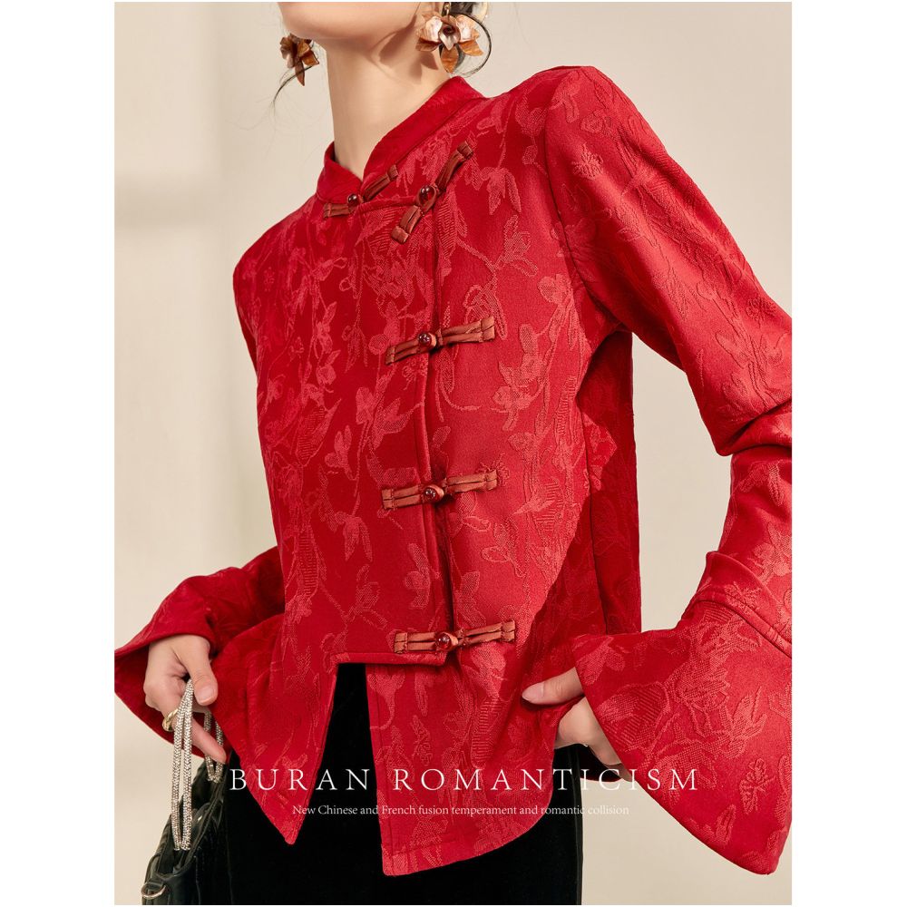 FlowingEra Red Top Women s Retro Jacquard New Chinese Style Song Jin Pan Buckle Inner Top High End Shirt image 1