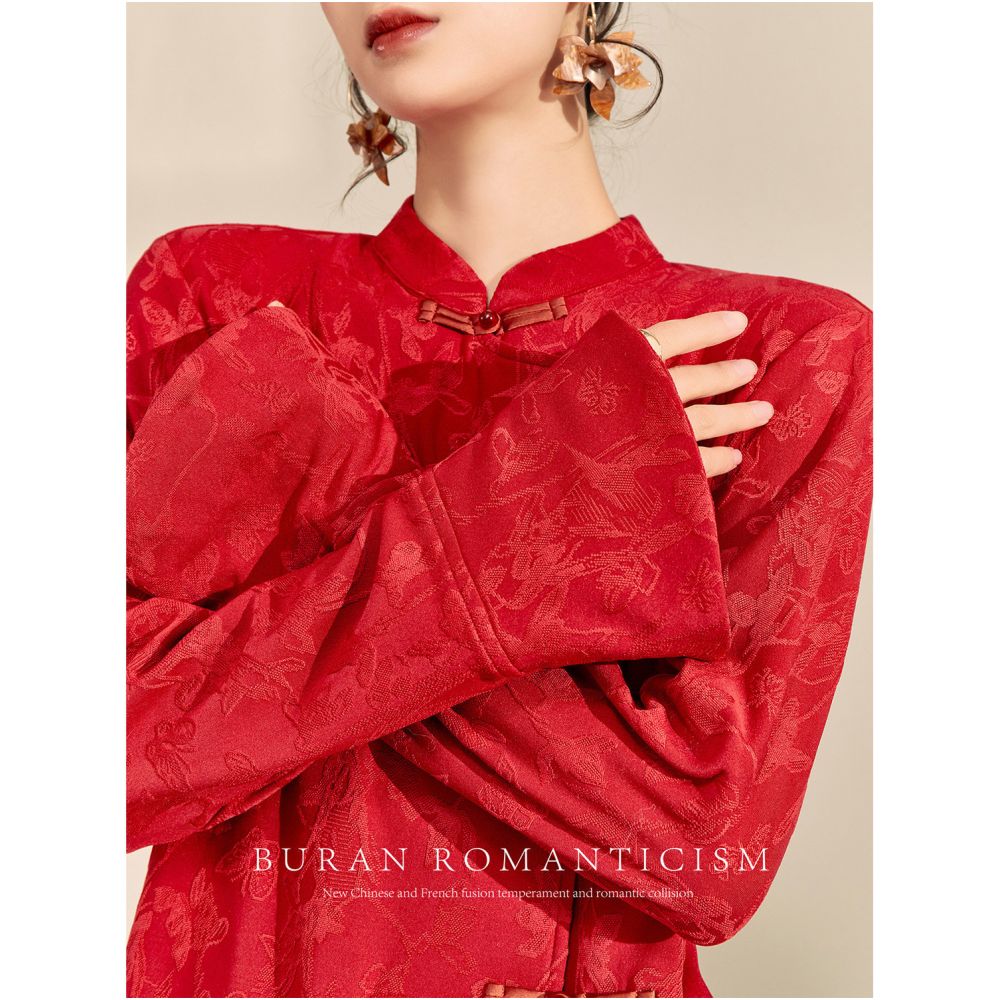 FlowingEra Red Top Women s Retro Jacquard New Chinese Style Song Jin Pan Buckle Inner Top High End Shirt image 2