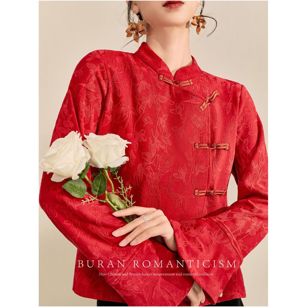 FlowingEra Red Top Women s Retro Jacquard New Chinese Style Song Jin Pan Buckle Inner Top High End Shirt image 3