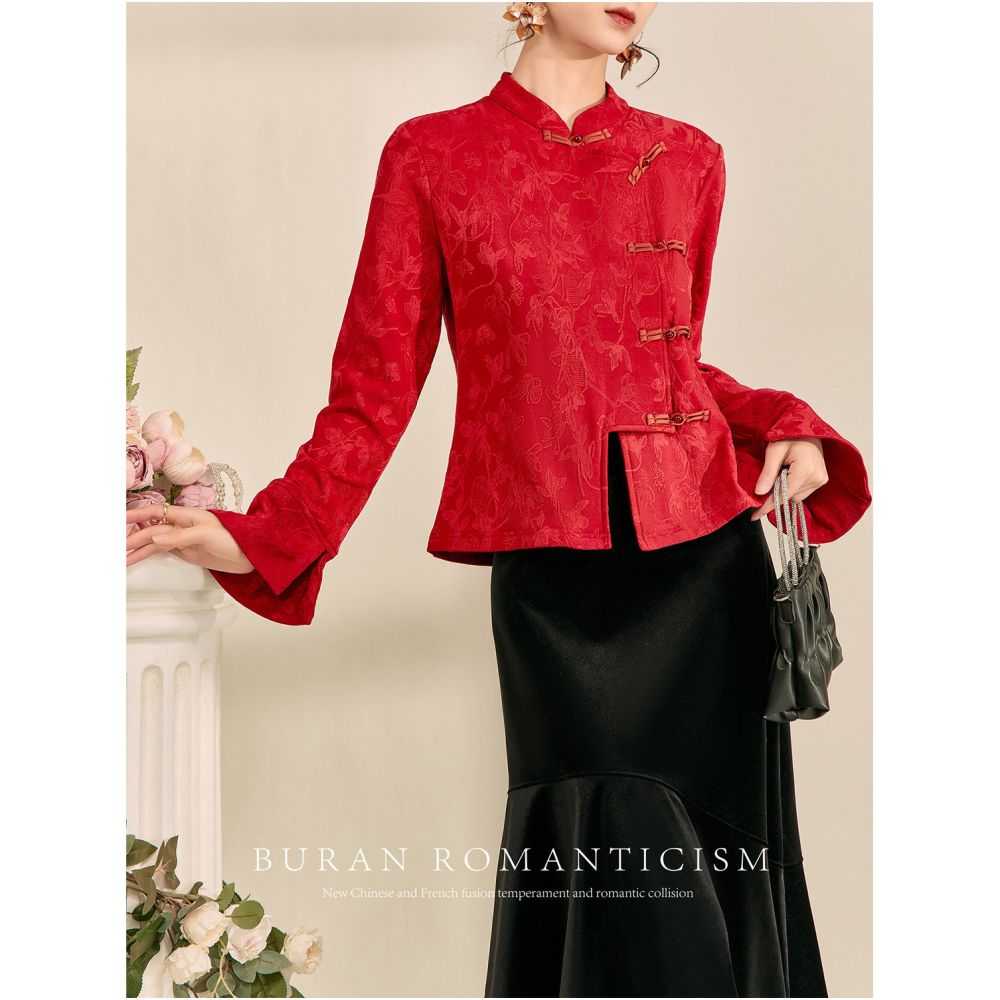 FlowingEra Red Top Women s Retro Jacquard New Chinese Style Song Jin Pan Buckle Inner Top High End Shirt image 4