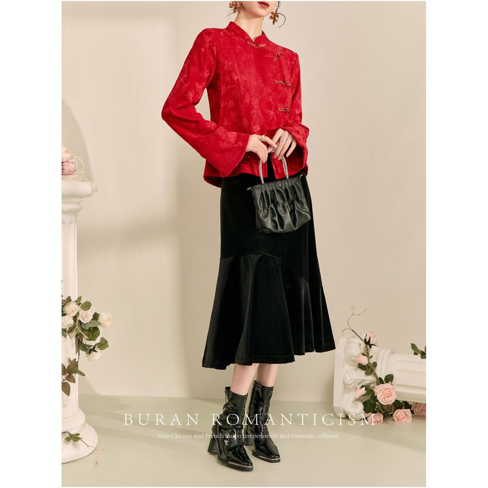 FlowingEra Red Top Women s Retro Jacquard New Chinese Style Song Jin Pan Buckle Inner Top High End Shirt image 5