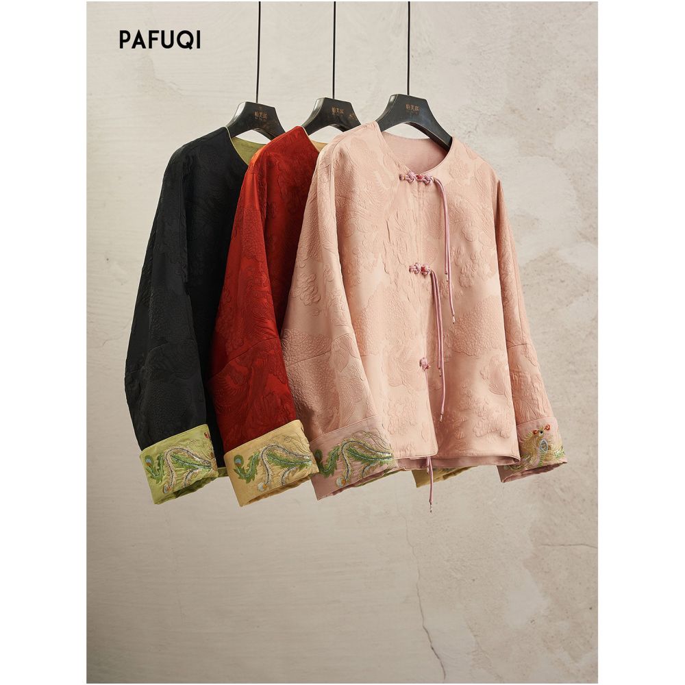 Available in multiple colors this new Chinese style red coat features a mandarin button closure a stand up collar and embroidery making it a perfect New Year s outfit for the Year of the Snake 2026 image 2