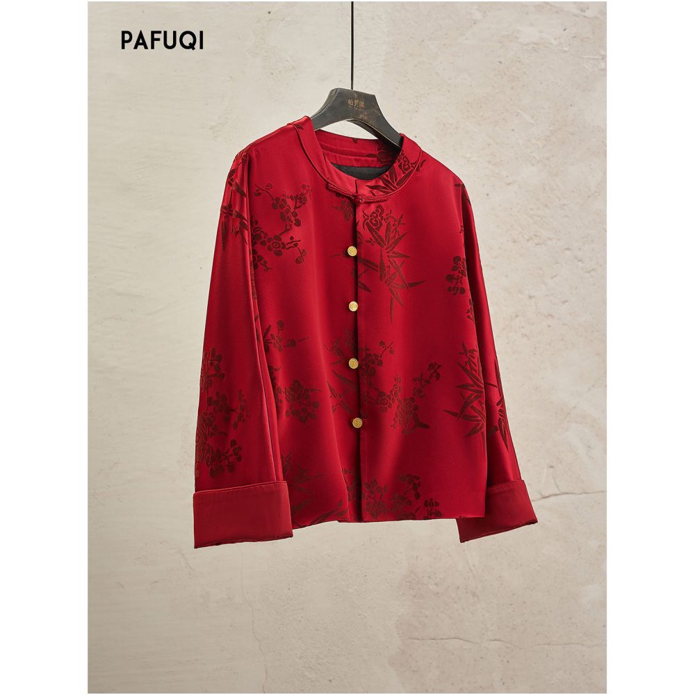 Improved new Chinese style jacket with red retro buckle silhouette Tang style top and light Chinese style women s clothing 2026 new autumn collection image 0