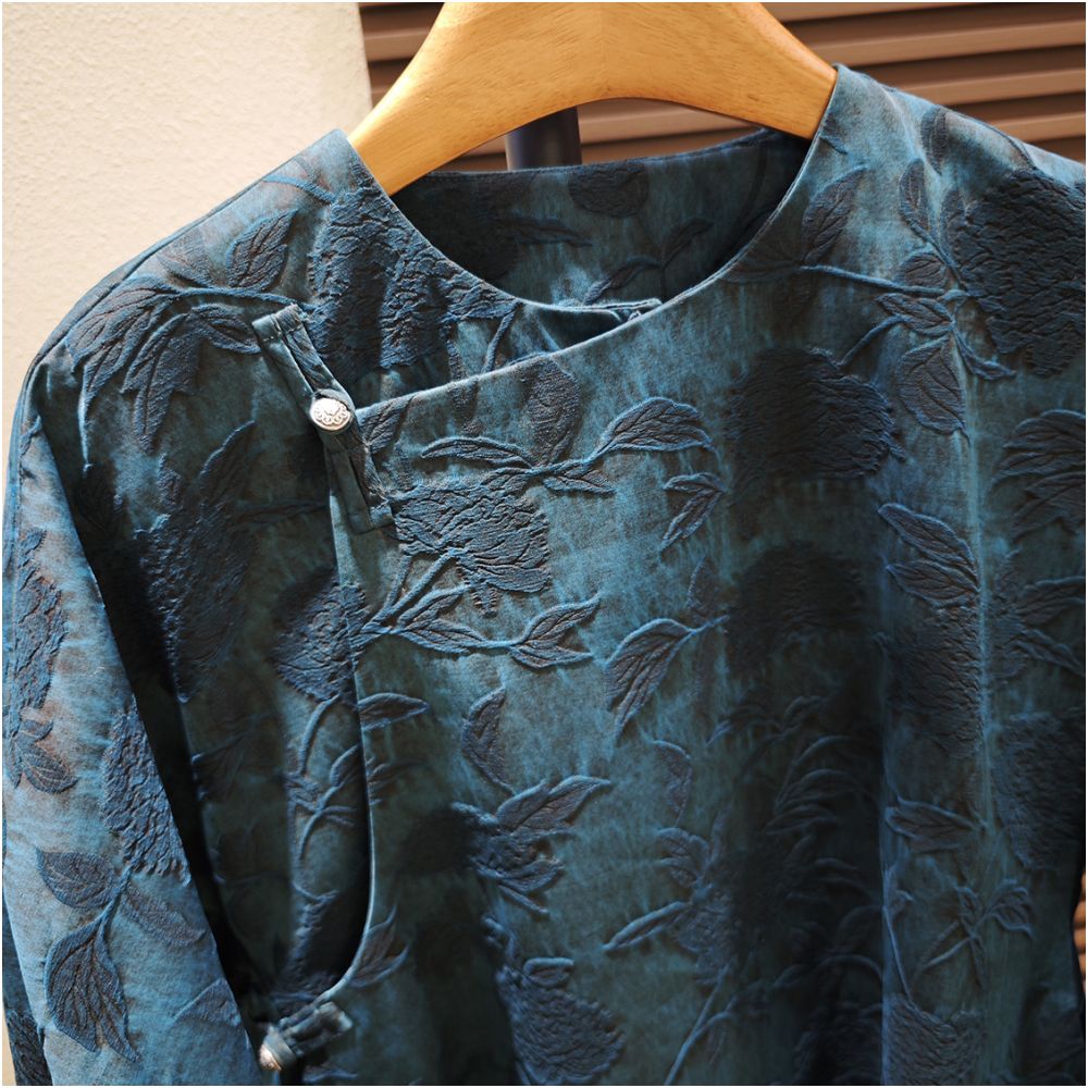 Shanheyue Black Peony Mulberry Silk Xiangyun Yarn Intangible Cultural Heritage Mud dyed Embossed Jacquard New Chinese Style Outerwear image 3