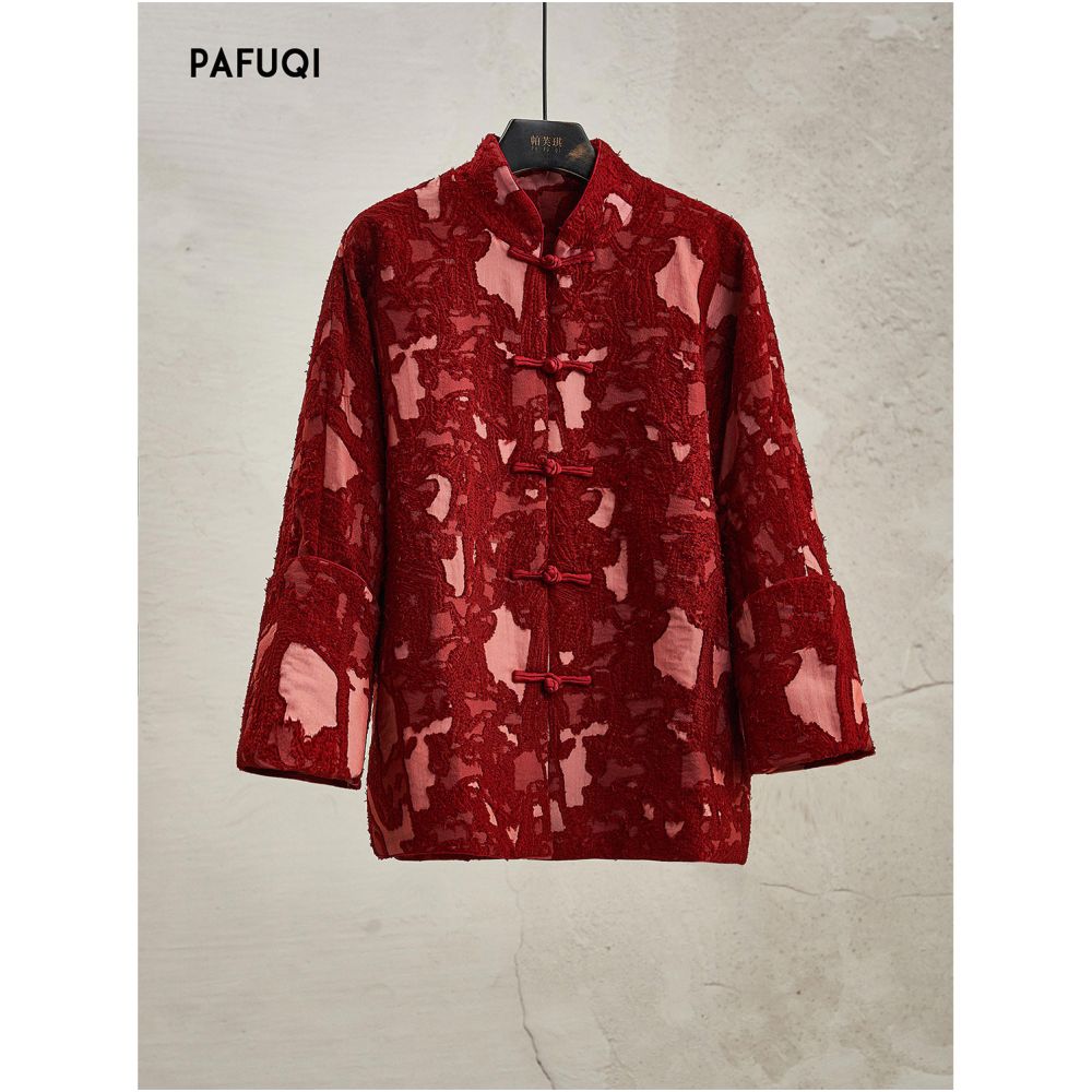 New Chinese New Year s robe red jacket burnt flower stand collar buckle shaped top light Chinese style women s clothing 2025 new style image 4