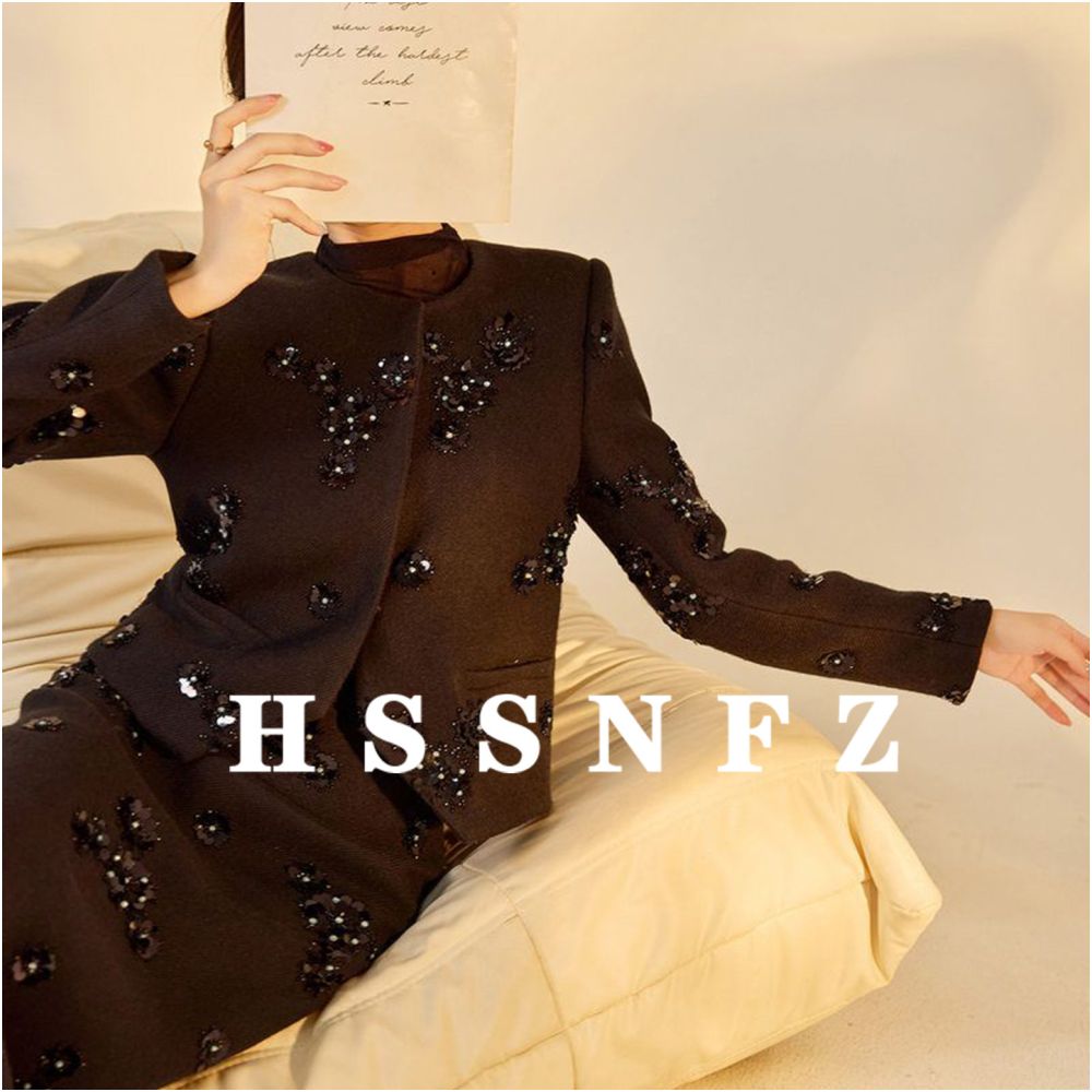 HSSNFZ High End Elegant Style 2025 Autumn New Arrival Beaded Sequined Short Jacket and Skirt Set for Women image 1