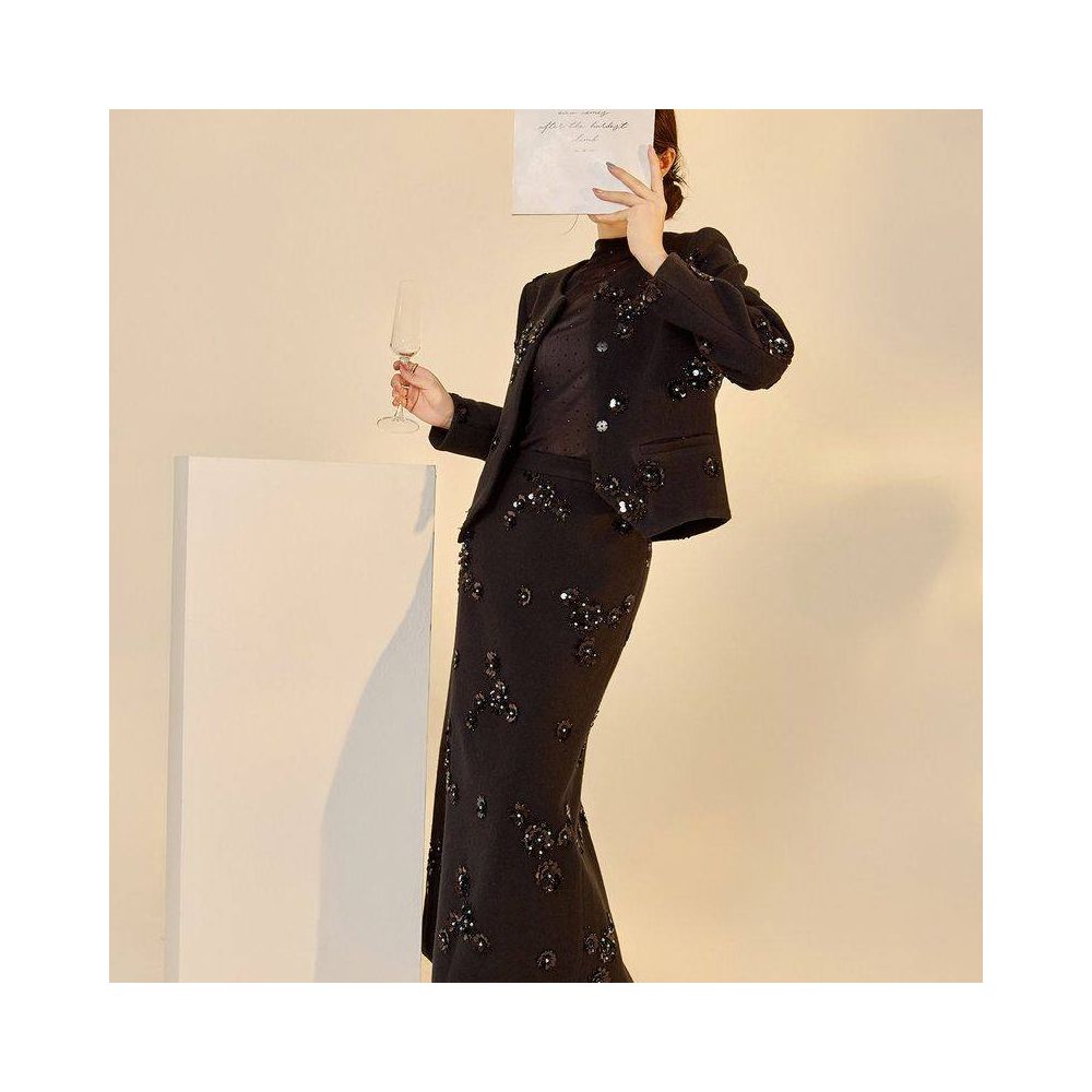 HSSNFZ High End Elegant Style 2025 Autumn New Arrival Beaded Sequined Short Jacket and Skirt Set for Women image 4