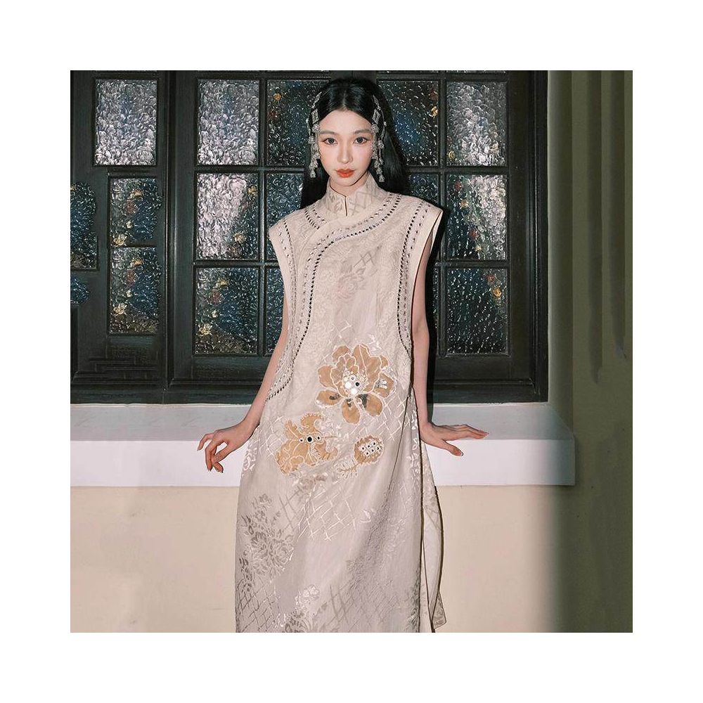 New Chinese style Chinese style stand up collar nail bead embroidery sleeveless sequin loose vest dress two piece set for women s summer 2025 image 1