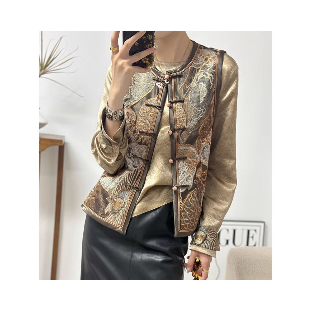 Women s Autumn 2025 Coat High End Color Palette with Heavy Embroidery Round Neck and Frog Buttons New Chinese Style image 1