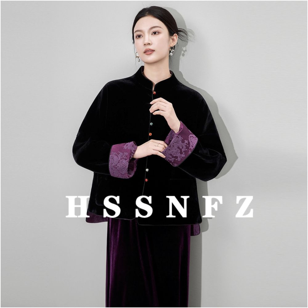 HSSNFZ new Chinese style silk velvet jacquard jacket 2025 autumn long sleeved light luxury double sided wearable Chinese style top image 0