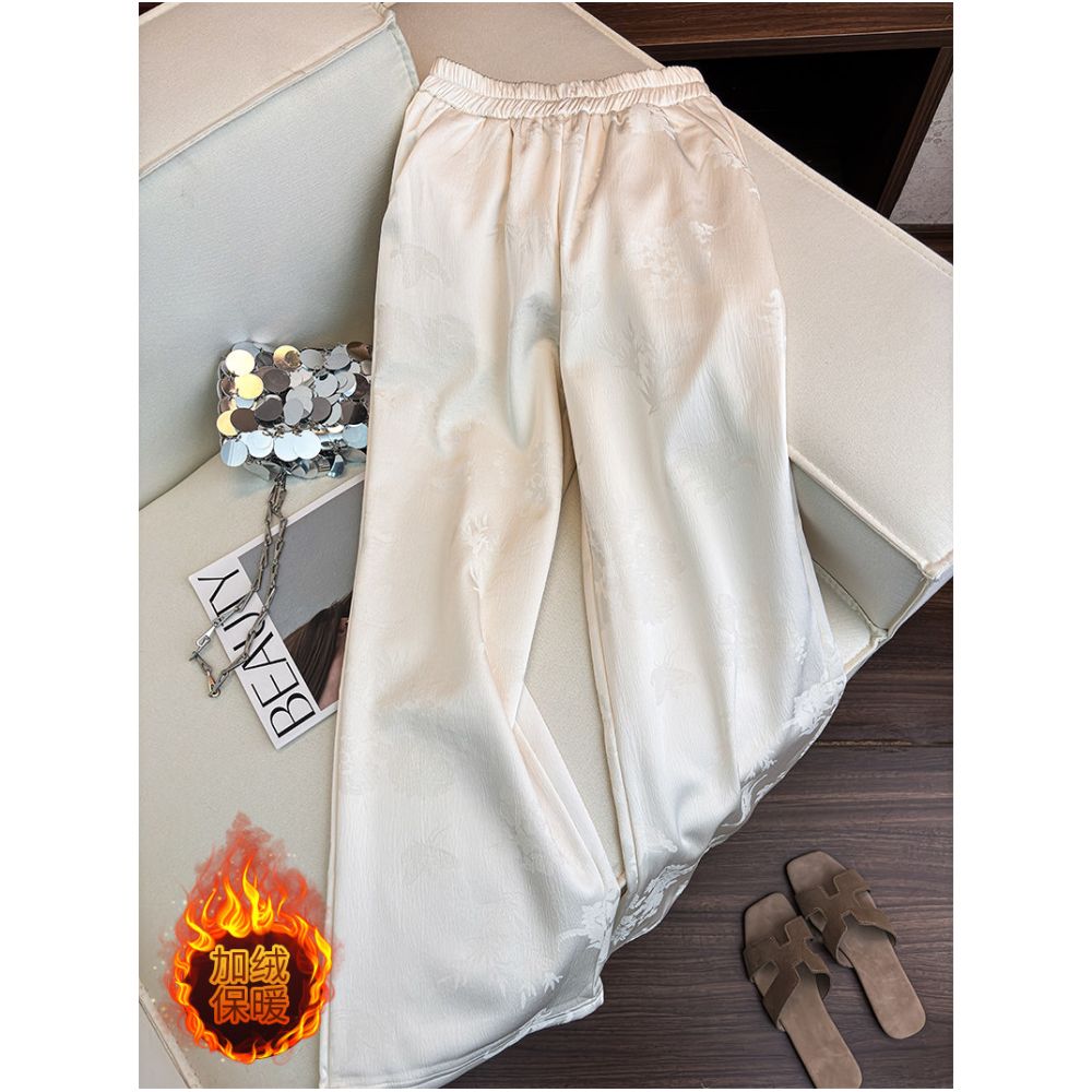 New Chinese style jacquard satin and velvet pants for women in autumn and winter 2025 thickened high waisted warm straight leg wide leg pants image 0