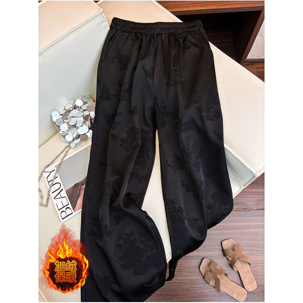 New Chinese style jacquard satin and velvet pants for women in autumn and winter 2025 thickened high waisted warm straight leg wide leg pants image 1