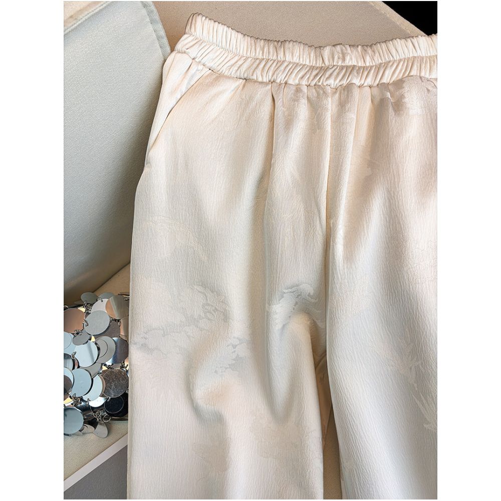 New Chinese style jacquard satin and velvet pants for women in autumn and winter 2025 thickened high waisted warm straight leg wide leg pants image 2