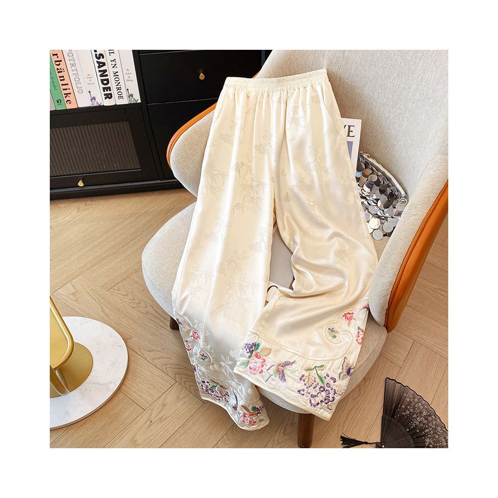 2025 Summer New Thin Silk Jacquard Ruyi Head Embroidery New Chinese Straight Leg Pants Wide Leg Pants image 1