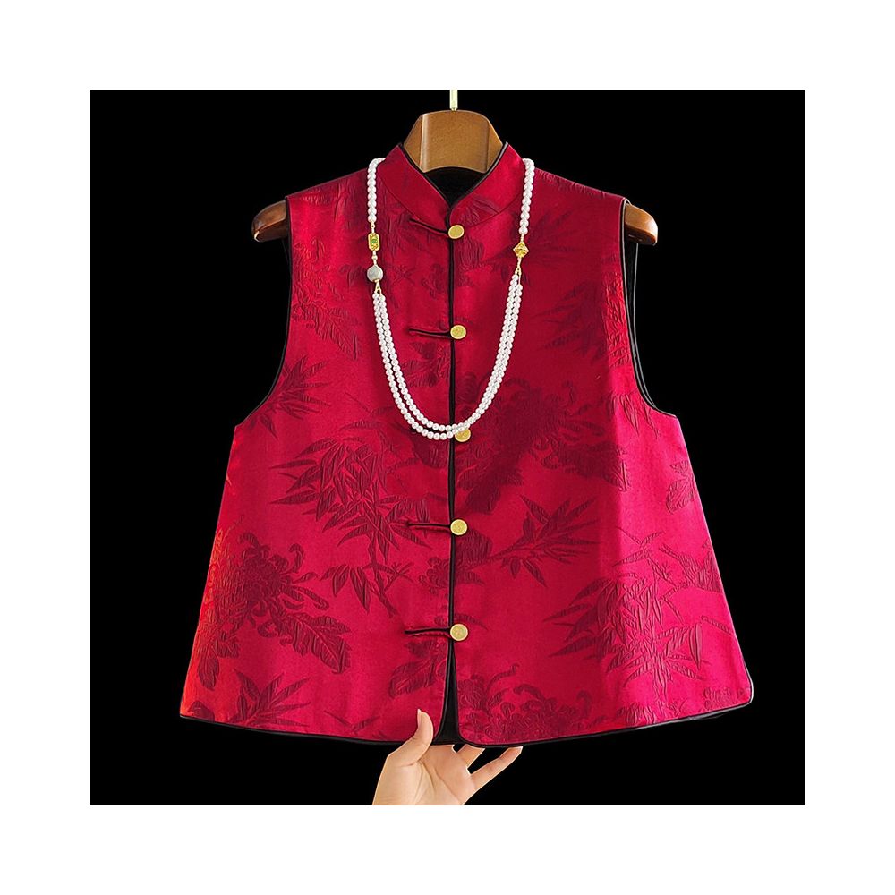 Red New Chinese Jacquard Double sided Wearing Vest Women s New Year Red Dress Western Style Small and Retro Crooked Chinese Style Top image 0