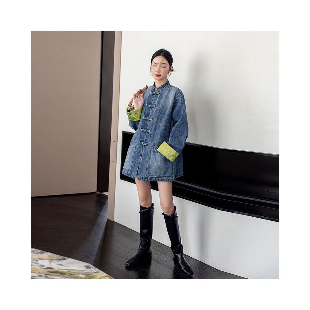 Women s Autumn New Style Retro Denim Jacket with Chinese Style Button and Stand Collar Modern Chinese Style Washed Denim Clothing image 4