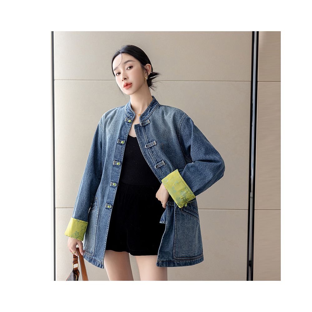 Women s Autumn New Style Retro Denim Jacket with Chinese Style Button and Stand Collar Modern Chinese Style Washed Denim Clothing image 0