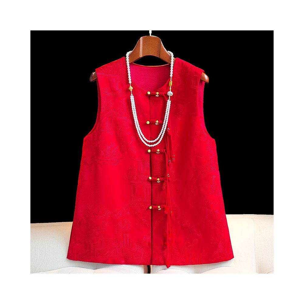 Red high end embroidery new Chinese style buckle acetic acid vest women s retro improved round neck Chinese style top jacket image 0