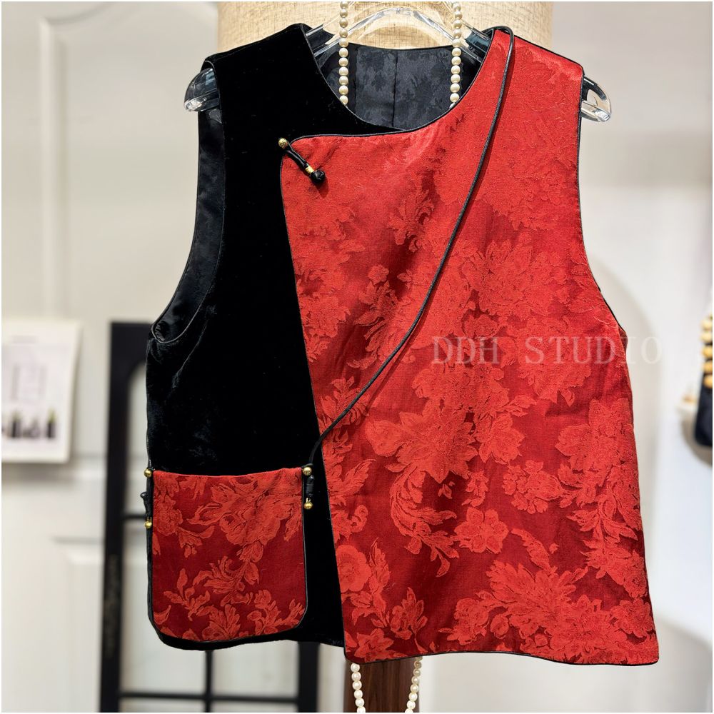 New Chinese style irregular diagonal placket thin cotton vest retro jacquard patchwork with detachable silk velvet crossbody bag winter style image 0