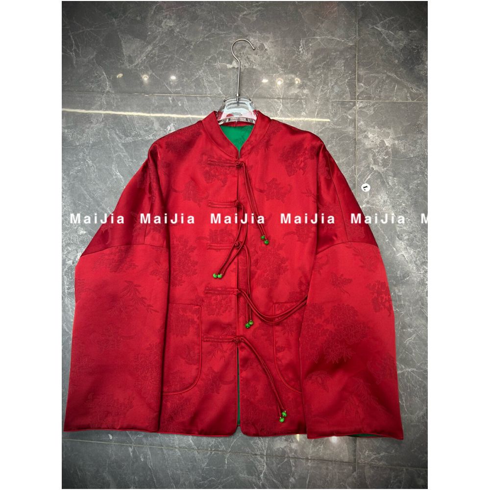 New Year s Robe 2025 Spring and Autumn New Style Chinese Tang Costume Plate Buckle Pomegranate Red Crown Crepe Jacquard Style Short Coat image 0