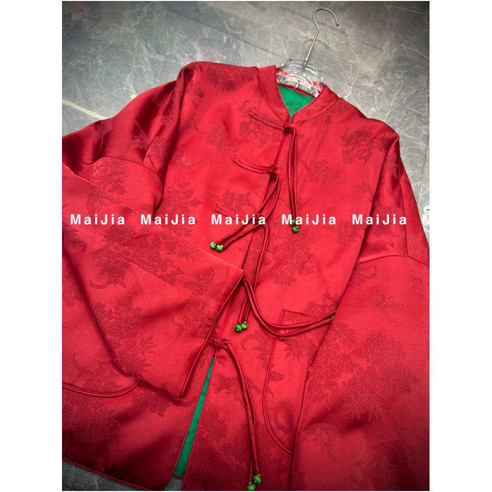New Year s Robe 2025 Spring and Autumn New Style Chinese Tang Costume Plate Buckle Pomegranate Red Crown Crepe Jacquard Style Short Coat image 2