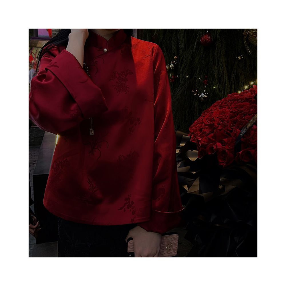 Red acetic acid jacquard national style blouse women s original design fashionable China Chic retro modified new Chinese button shirt image 2