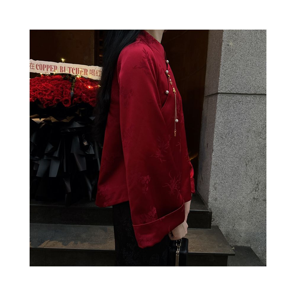 Red acetic acid jacquard national style blouse women s original design fashionable China Chic retro modified new Chinese button shirt image 3