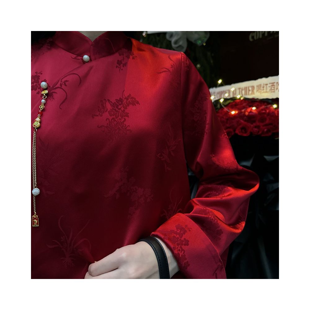 Red acetic acid jacquard national style blouse women s original design fashionable China Chic retro modified new Chinese button shirt image 5