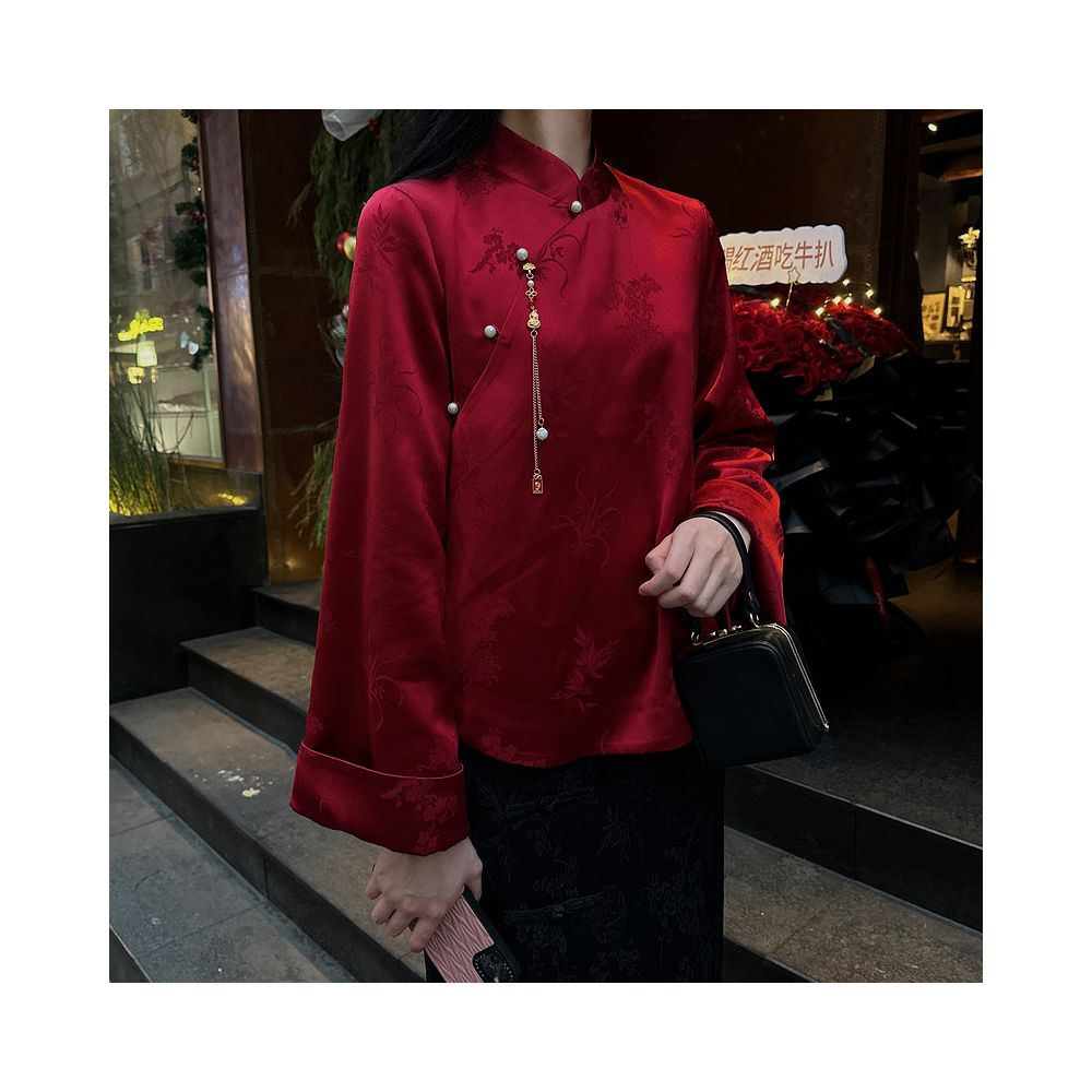 Red acetic acid jacquard national style blouse women s original design fashionable China Chic retro modified new Chinese button shirt image 0