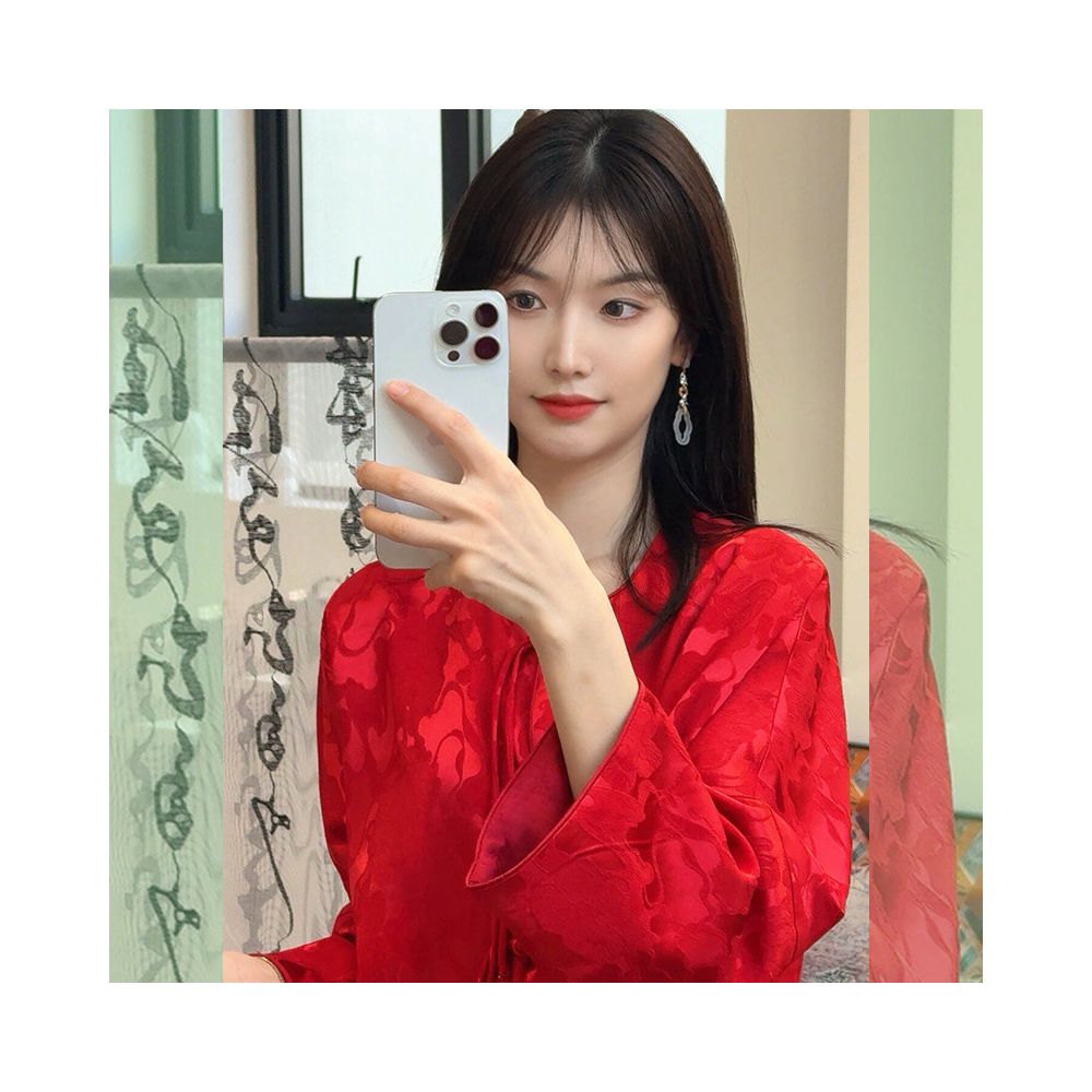 New Chinese style red button down shirt for the Year of the Rooster 2026 Spring suitable for petite women featuring a jacquard satin overlay image 2