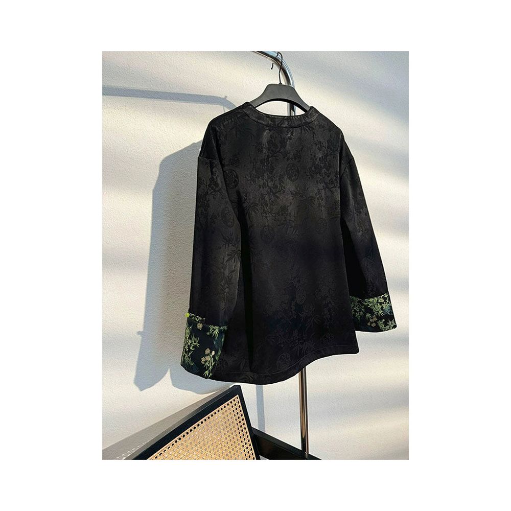 New Chinese style buckle Tang style jacquard spliced top for autumn 2025 light luxury retro Chinese style high end shirt for women image 3