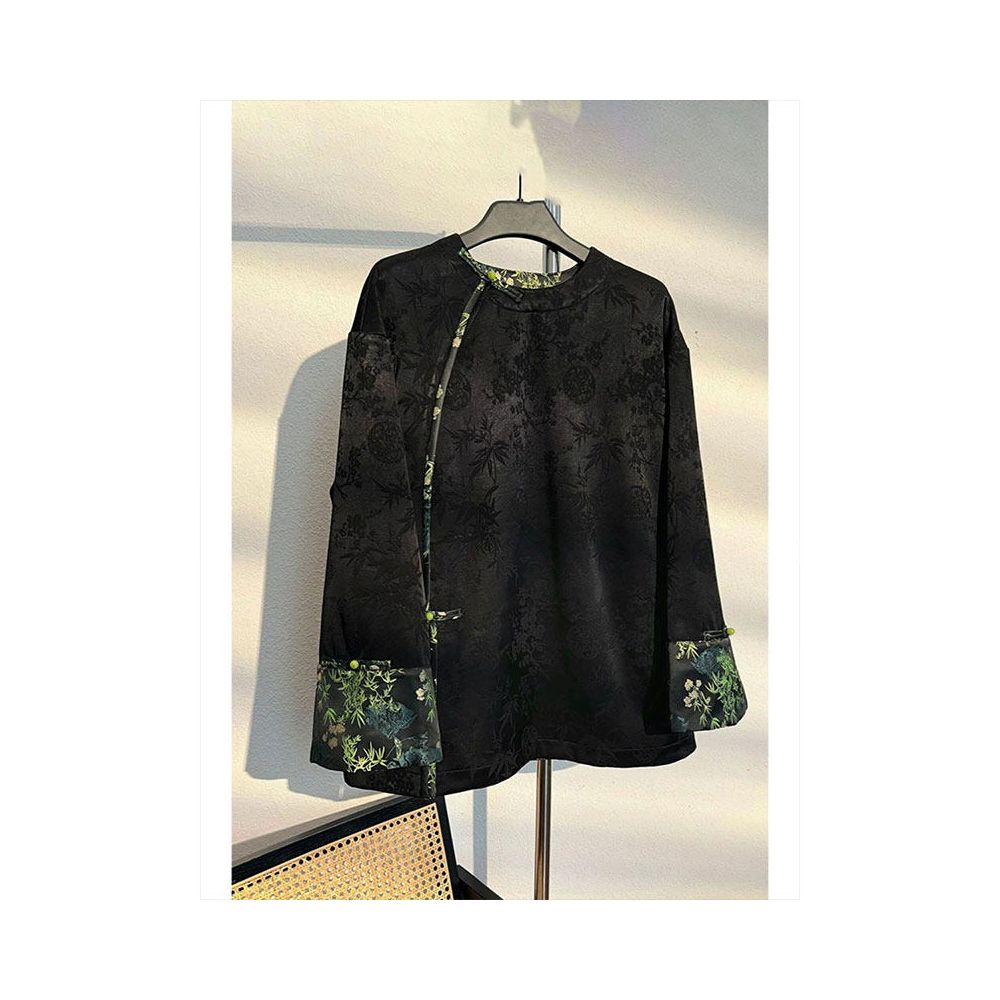 New Chinese style buckle Tang style jacquard spliced top for autumn 2025 light luxury retro Chinese style high end shirt for women image 0