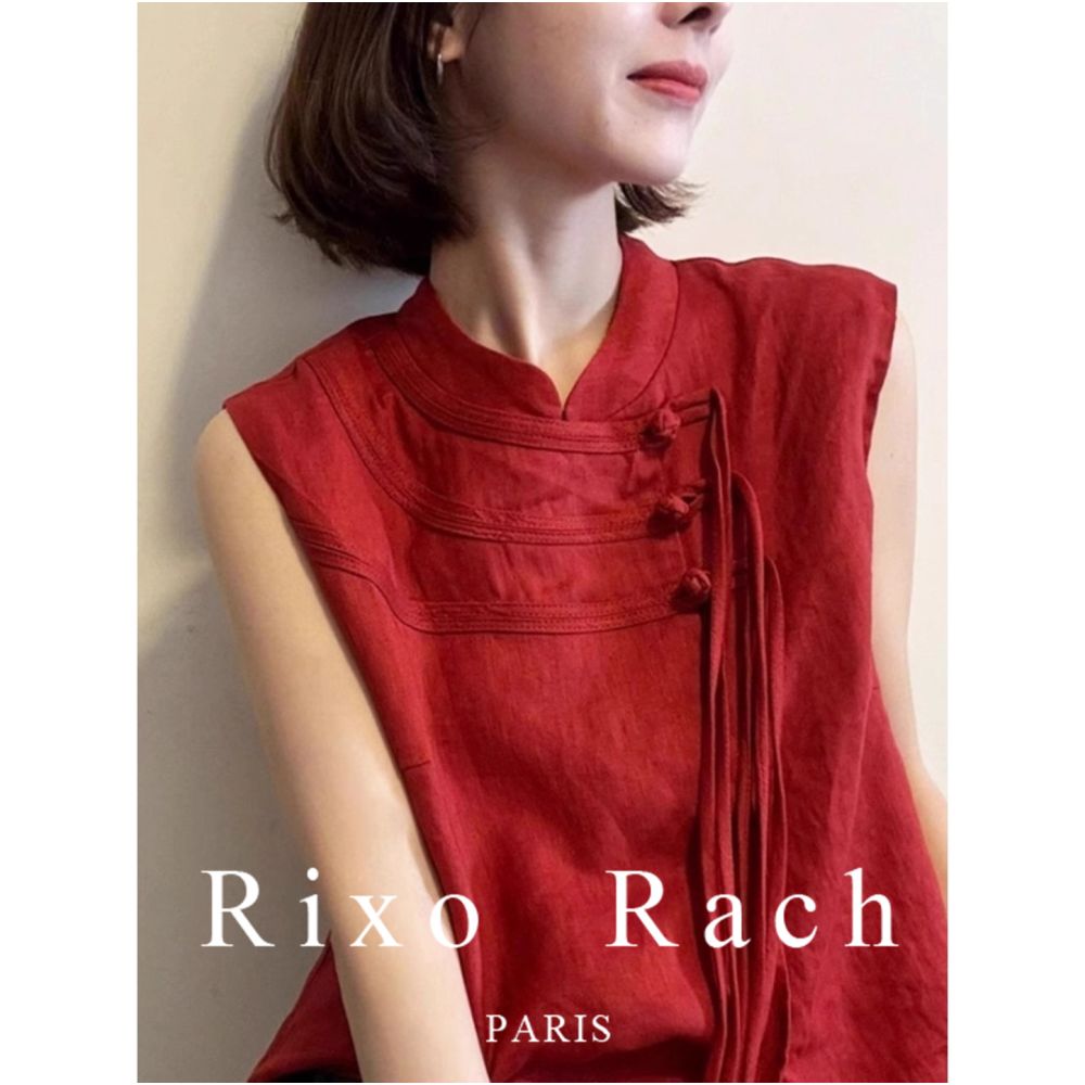 Rixo Rach s new Chinese style red linen sleeveless shirt with a high end feel featuring a button down small stand up collar and a slimming top image 3