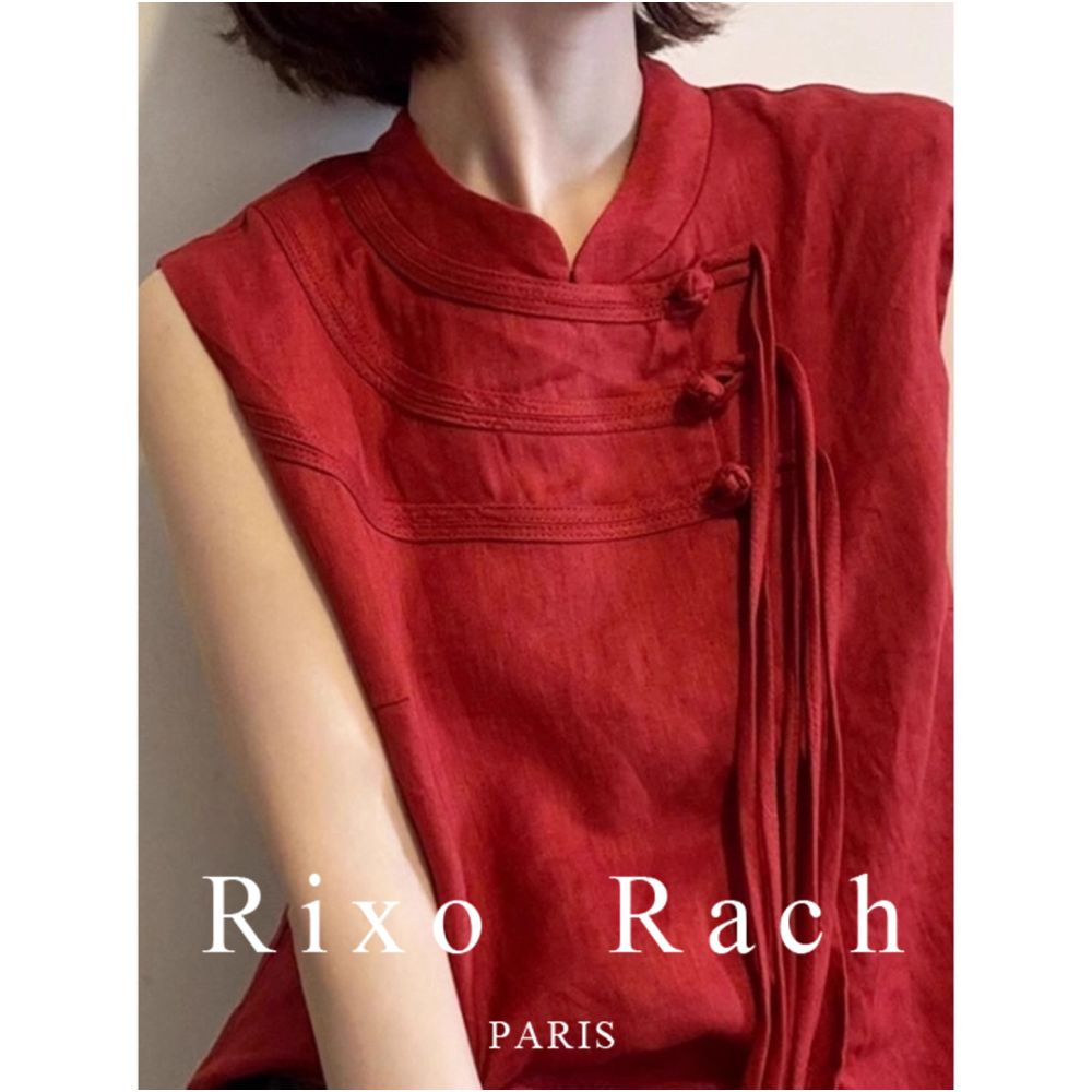 Rixo Rach s new Chinese style red linen sleeveless shirt with a high end feel featuring a button down small stand up collar and a slimming top image 5