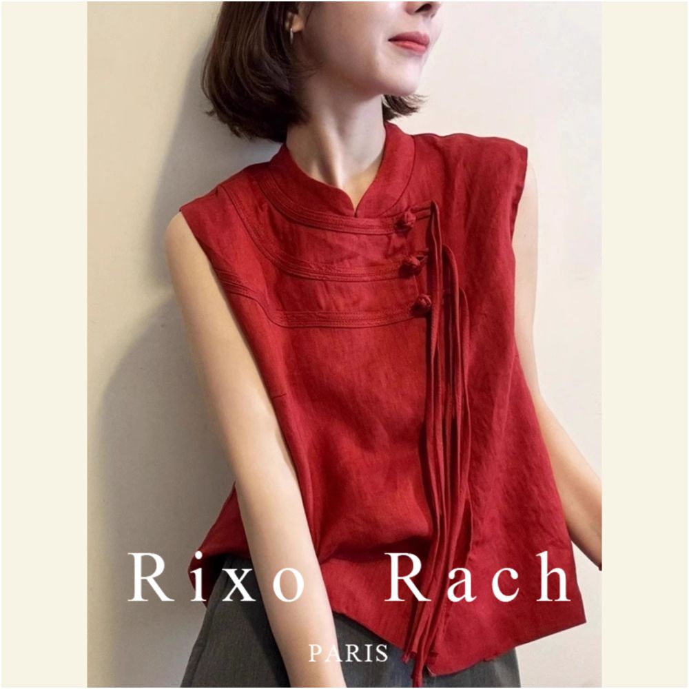 Rixo Rach s new Chinese style red linen sleeveless shirt with a high end feel featuring a button down small stand up collar and a slimming top image 0