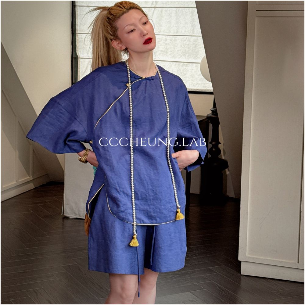 Xi Yi Xi Peach Blossom Fan New Chinese Style Set Women s Design Shirt Shorts Two Piece Set 5DB V8107 image 4