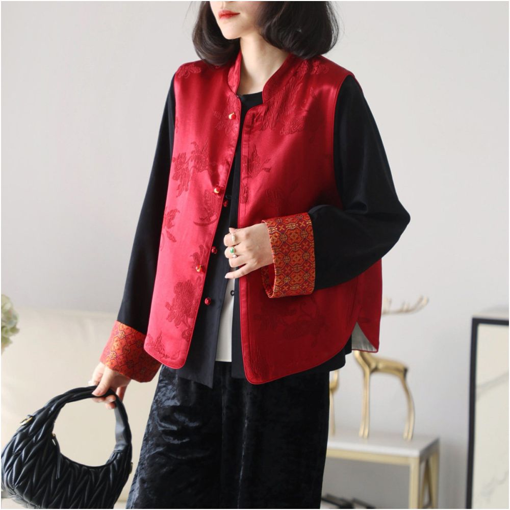 Clearance Sale Reversible Silk Jacquard Color Blocked New Chinese Style Vest Sleeveless Top image 0