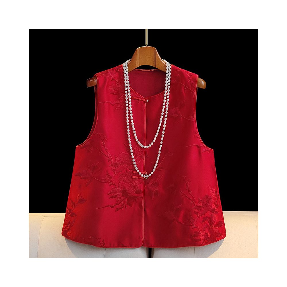 Red new Chinese style vest for women in spring and autumn short and small retro embroidered light Chinese style button top image 0