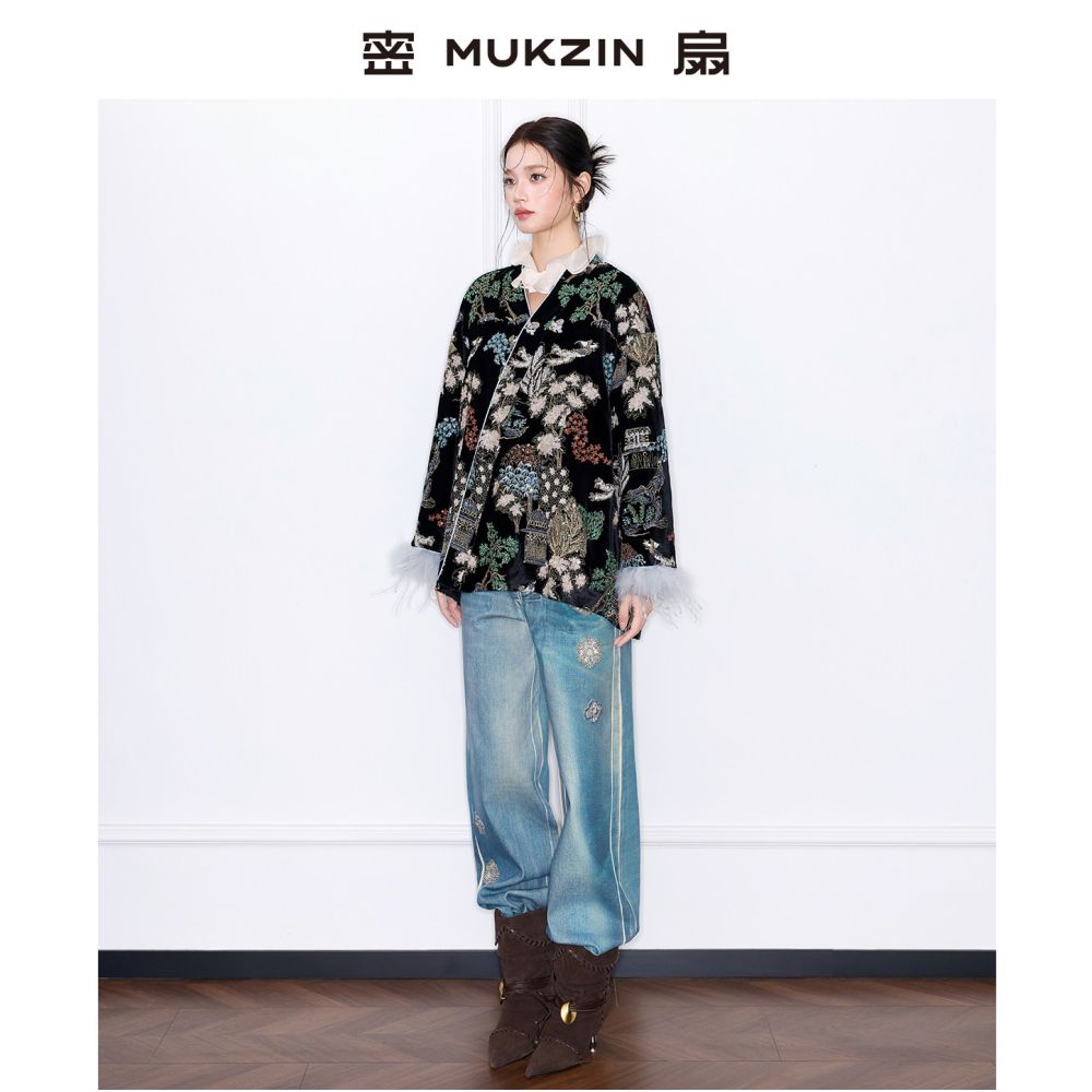 Huang Ling s same style dense fan 2025 winter peony pavilion gold wire three dimensional embroidery Chinese style retro cotton coat jacket image 3