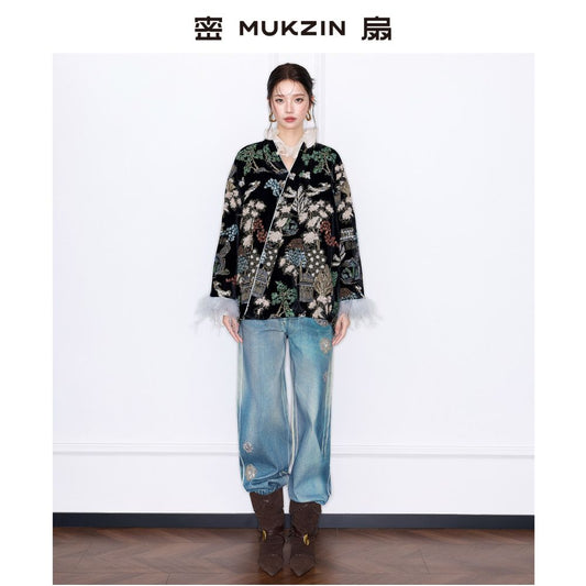 Huang Ling s same style dense fan 2025 winter peony pavilion gold wire three dimensional embroidery Chinese style retro cotton coat jacket image 0