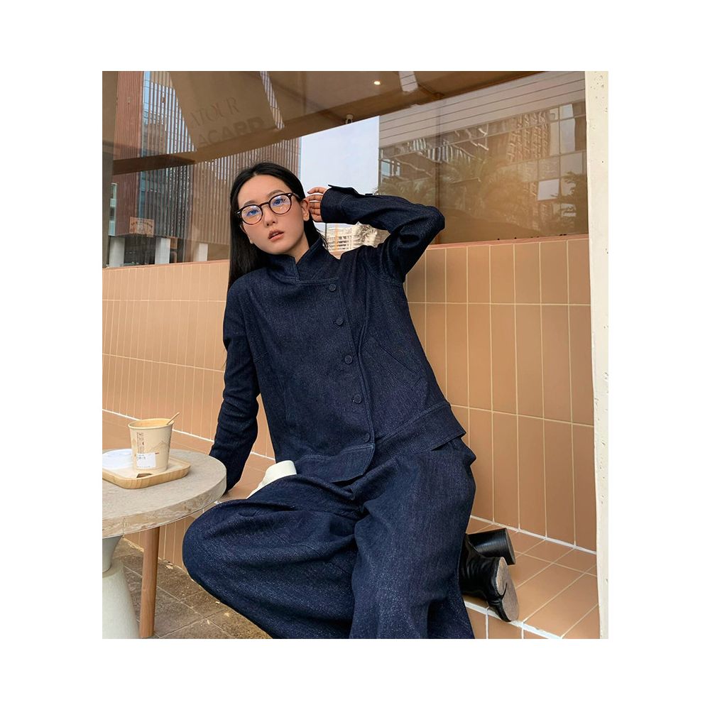 Deep Blue Cowboy Set for Women 2024 Autumn Retro New Chinese Style Pan Button Top Wide Leg Pants Two Piece Set image 0