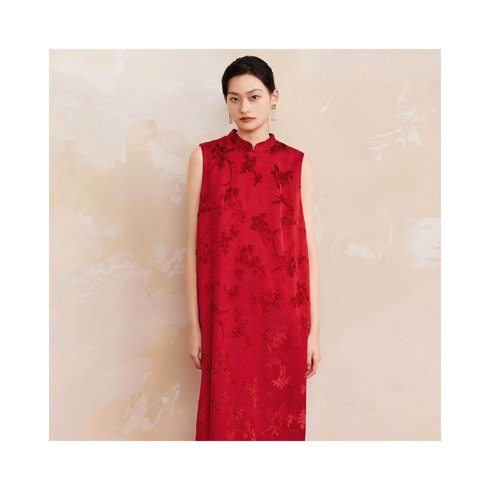 Ruyi Lianxi Xun Jacquard Cutting Fleece Flower Bud Dress for Women New Chinese Style Retro Pocket Split Long Dress image 1