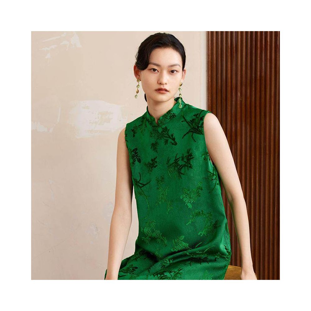 Ruyi Lianxi Xun Jacquard Cutting Fleece Flower Bud Dress for Women New Chinese Style Retro Pocket Split Long Dress image 2